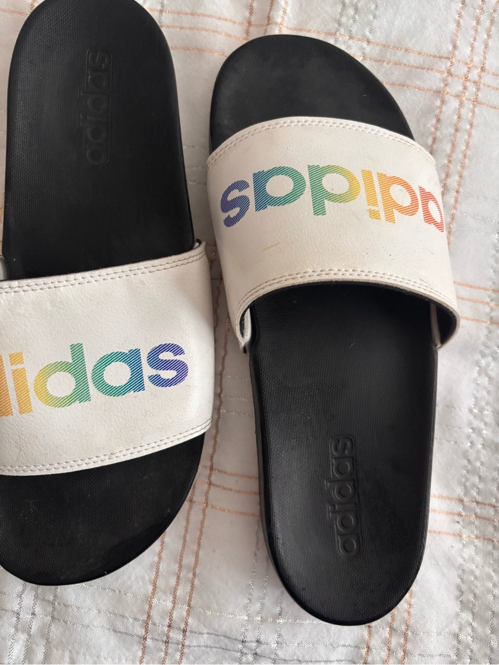 adidas White Black Rainbow Logo Slide Sandals